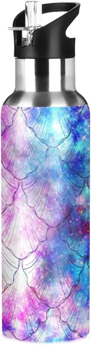 Mermaid Scale Galaxy Print Kids Insulated Stainless Steel Water Bottle With Straw Lid - Leakproof Flask for Gym Outdoor 20 oz