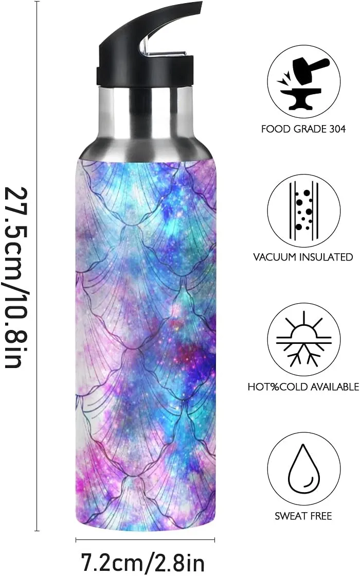 Mermaid Scale Galaxy Print Kids Insulated Stainless Steel Water Bottle With Straw Lid - Leakproof Flask for Gym Outdoor 20 oz