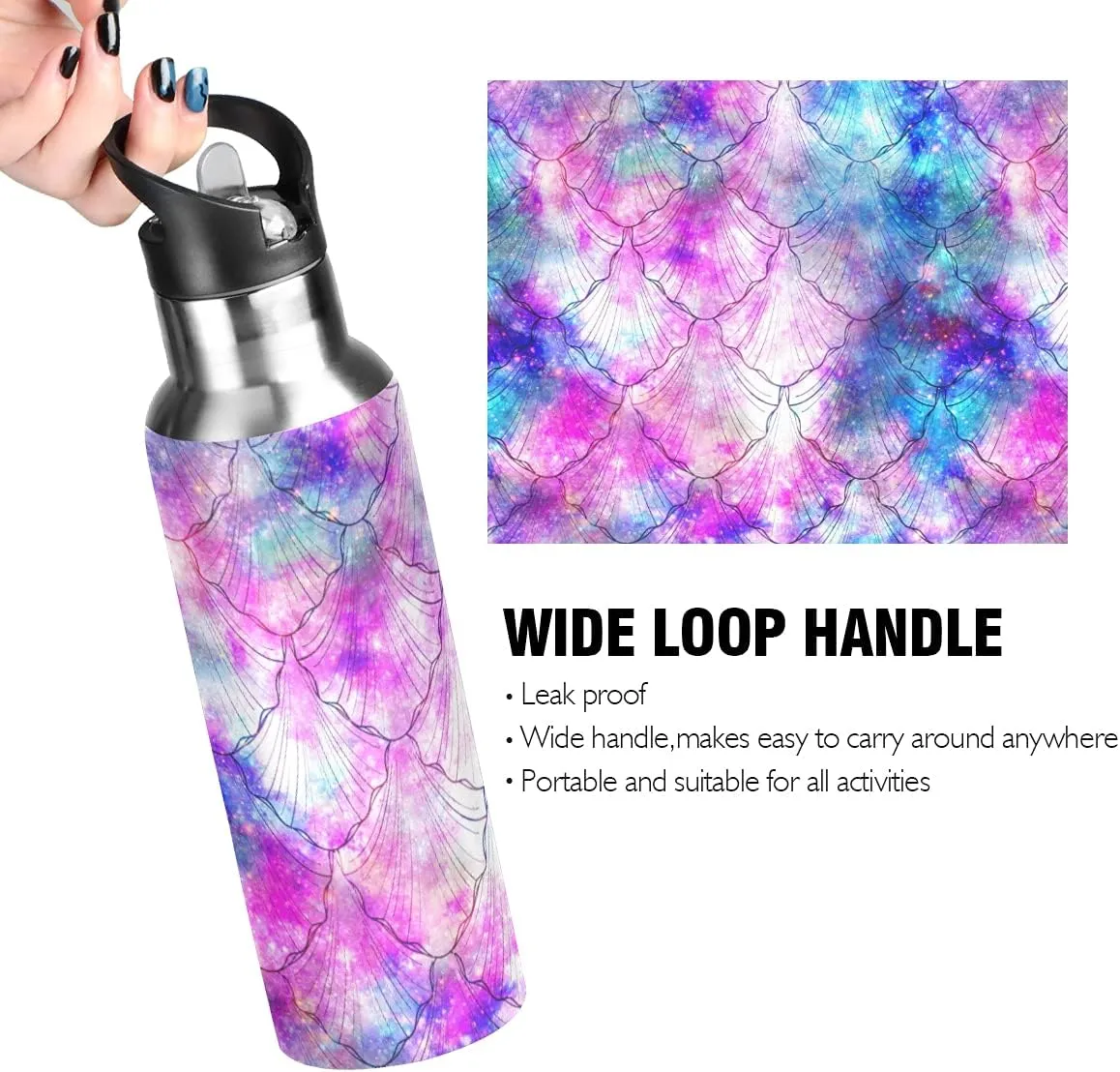Mermaid Scale Galaxy Print Kids Insulated Stainless Steel Water Bottle With Straw Lid - Leakproof Flask for Gym Outdoor 20 oz