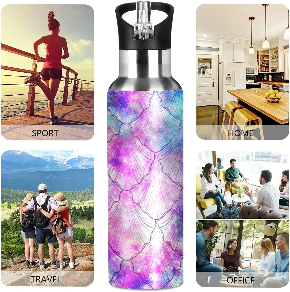 Mermaid Scale Galaxy Print Kids Insulated Stainless Steel Water Bottle With Straw Lid - Leakproof Flask for Gym Outdoor 20 oz
