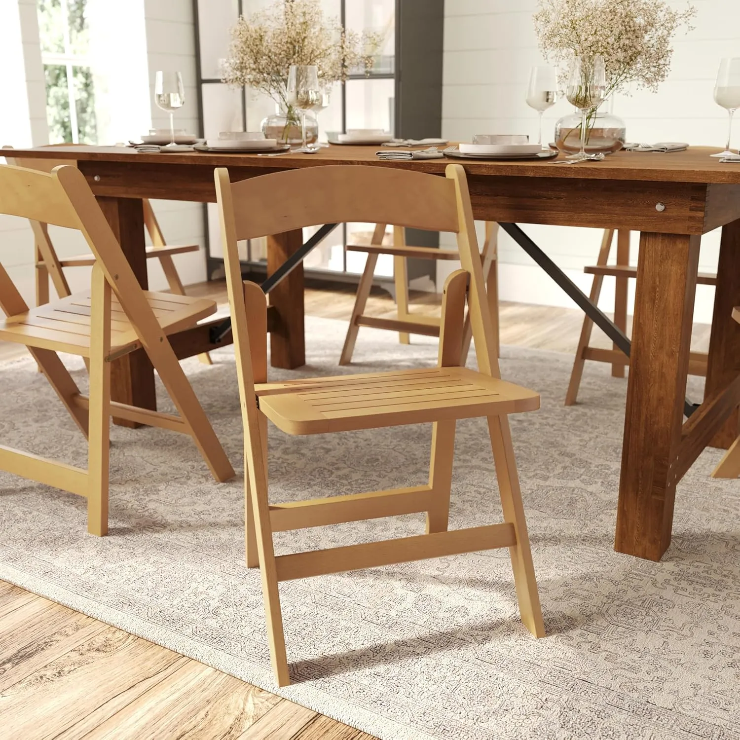 Merrick Lane Nathan Folding Solid Wood Dining Chair, Luxurious Curved Back, Versatile, Solid Beechwood Construction, Mortise & Tenon, Set of 4, Oak