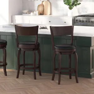 Merrick Lane Tally Open Back Swivel Counter Height Stool - Espresso Finish - 24" H Padded Black Faux Leather Seat - 360° Swivel - Integrated Footrest