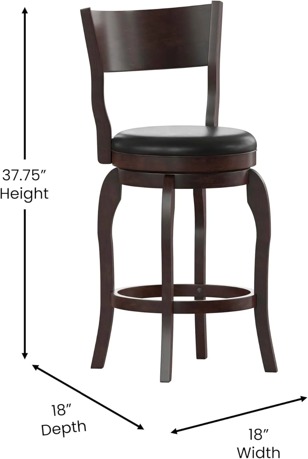 Merrick Lane Tally Open Back Swivel Counter Height Stool - Espresso Finish - 24" H Padded Black Faux Leather Seat - 360° Swivel - Integrated Footrest