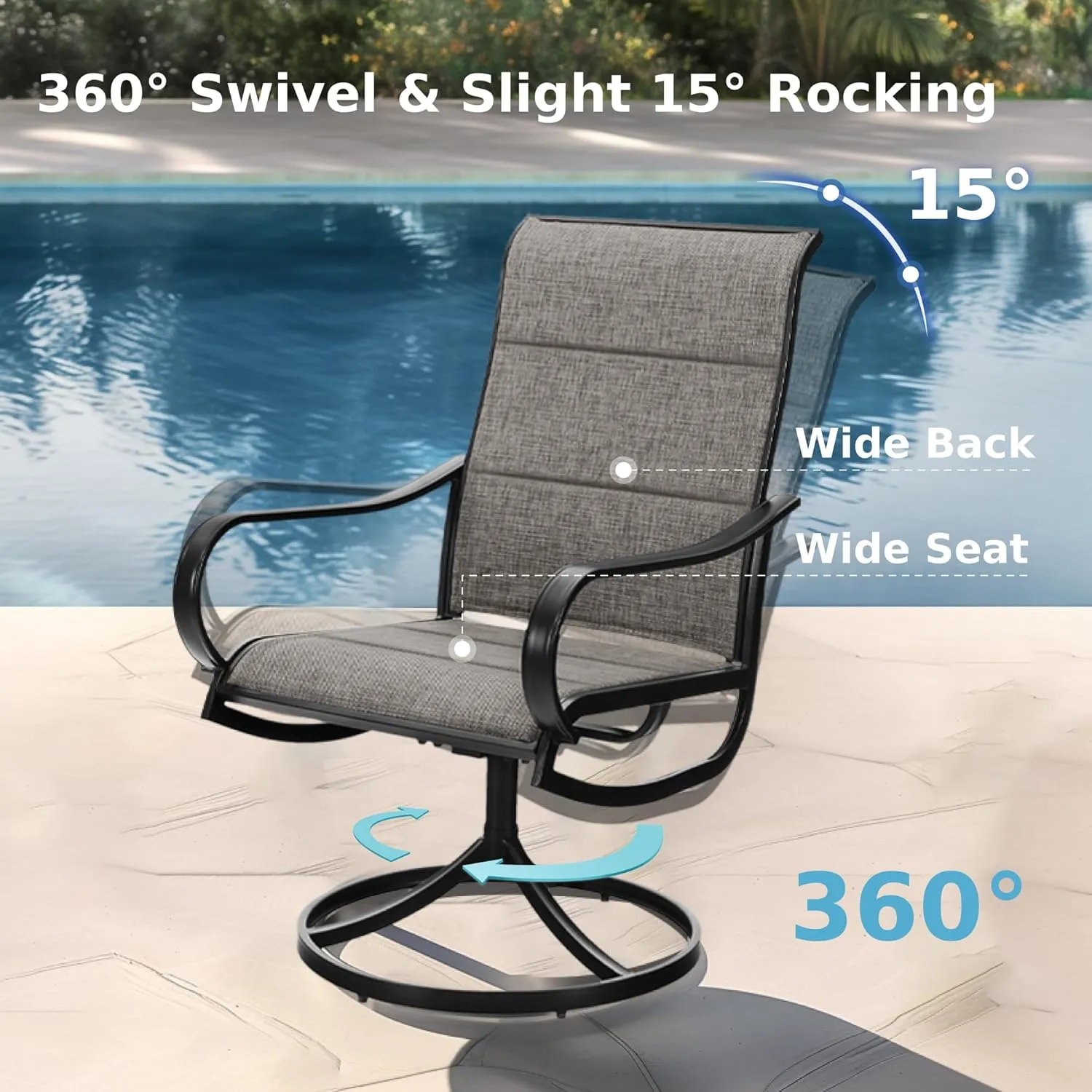 MFSTUDIO Swivel Patio Dining Chairs Set of 4, Outdoor Dining Chairs with Padded Textilene Fabric & Sturdy Metal Frame, All Weather Outdoor Sling Furniture Chairs for Deck, Backyard, Garden and Lawn