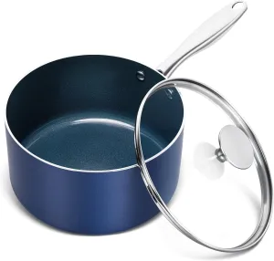 MICHELANGELO 3 Quart Saucepan with Lid, Nonstick Ceramic Sauce Pan with Stainless Steel Handle, 3 Qt Saucepan with Lid Induction Compatible, Oven Safe, Blue