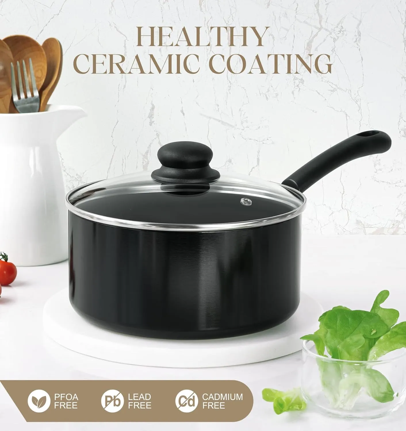 MICHELANGELO Nonstick 3 Quart Saucepan with Lid, Ceramic Small Sacuce pan, Easy to Clean, Non-Toxic Saucepan, 3QT, Black