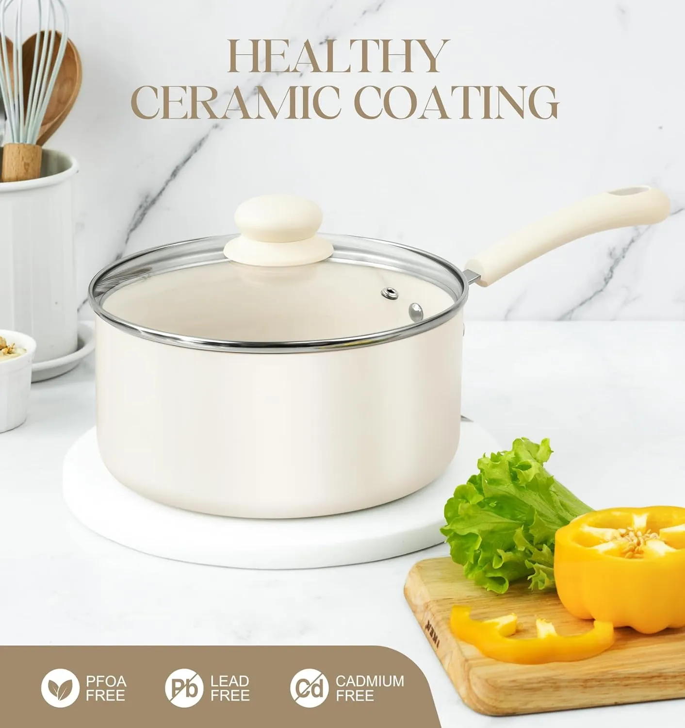 MICHELANGELO Nonstick Sauce Pan Sets, Ceramic Saucepan with Lid, Multipurpose Pot with Lid, Non-Toxic Saucepans, 1QT & 2QT & 3QT, White