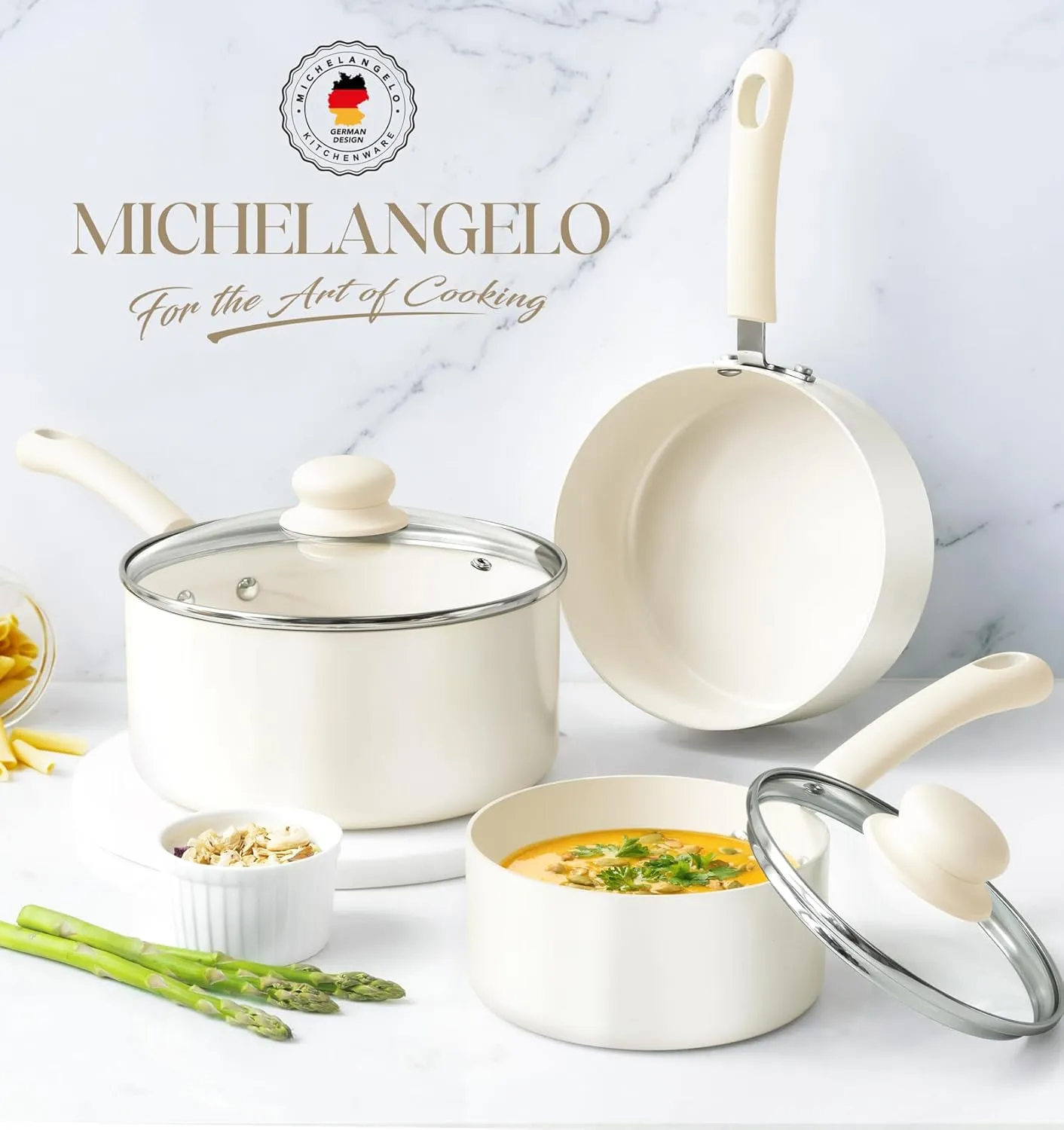 MICHELANGELO Nonstick Sauce Pan Sets, Ceramic Saucepan with Lid, Multipurpose Pot with Lid, Non-Toxic Saucepans, 1QT & 2QT & 3QT, White