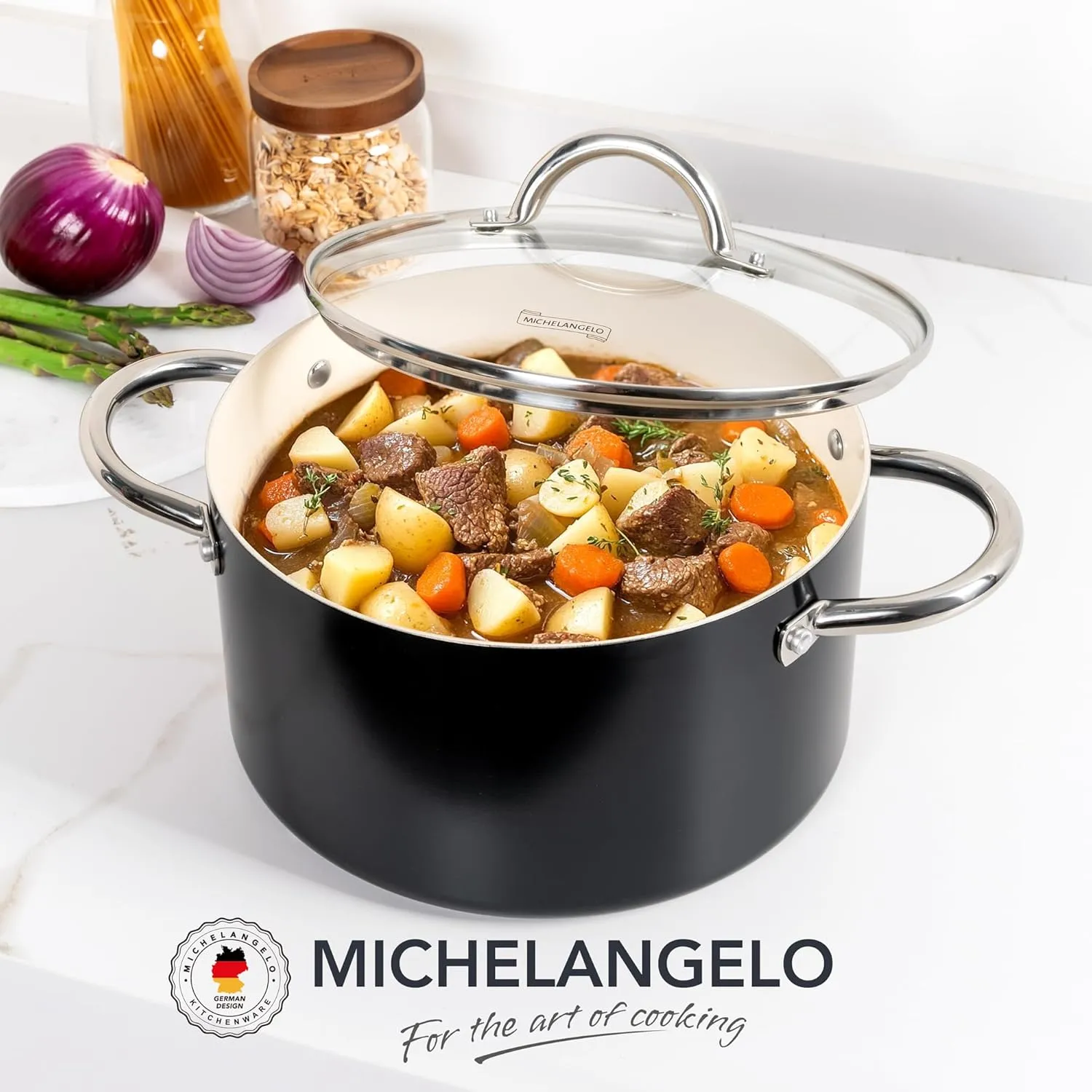 MICHELANGELO Stock Pot with Lid, 6 Quart Cooking Pot with Ceramic Coating, Nonstick Ceramic Soup Pot with Lid, Induction Compatible - 6QT Stockpot, Black