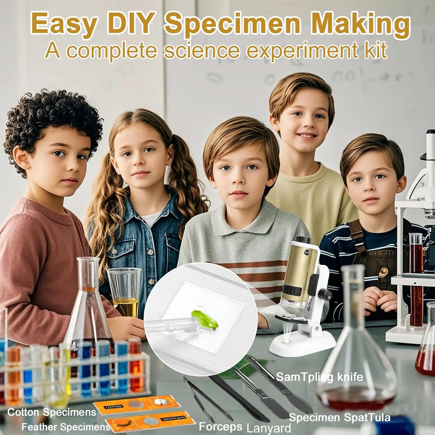 Microscope for Kids, SETFLAGS 250x Magnification Portable Pocket Microscope and 2 Slides,Science Kits STEM Toys for Kids, 4 Blank Slides, Educational Science Experiment Toy for DIY Specimen, Age 6 