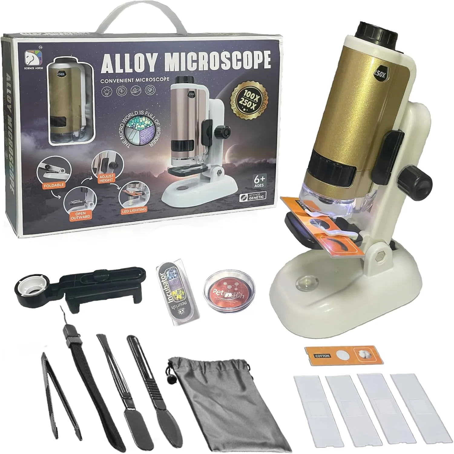 Microscope for Kids, SETFLAGS 250x Magnification Portable Pocket Microscope and 2 Slides,Science Kits STEM Toys for Kids, 4 Blank Slides, Educational Science Experiment Toy for DIY Specimen, Age 6 