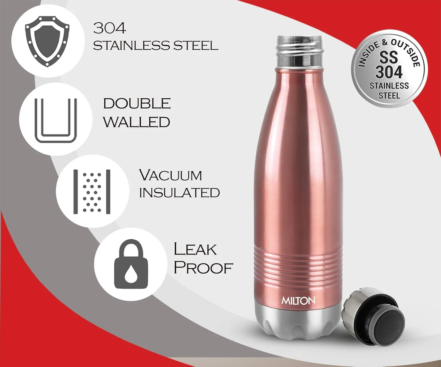 Milton Insulated Water Bottle 500 ml, (17 oz) Stainless Steel Double Walled Vacuum for 24 Hours Hot and Cold, Leakproof, BPA Free, Thermosteel Duo-DLX 500 Rose Gold