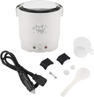 Mini Rice Cooker, 1L 12v Portable Rice Maker Electric Lunch Box for Car Food Steamer Fast Cooking Automatic Non Stick Pot for Travel Camping Cooking Soup Grain Oatmeal Veggie Stews(White)