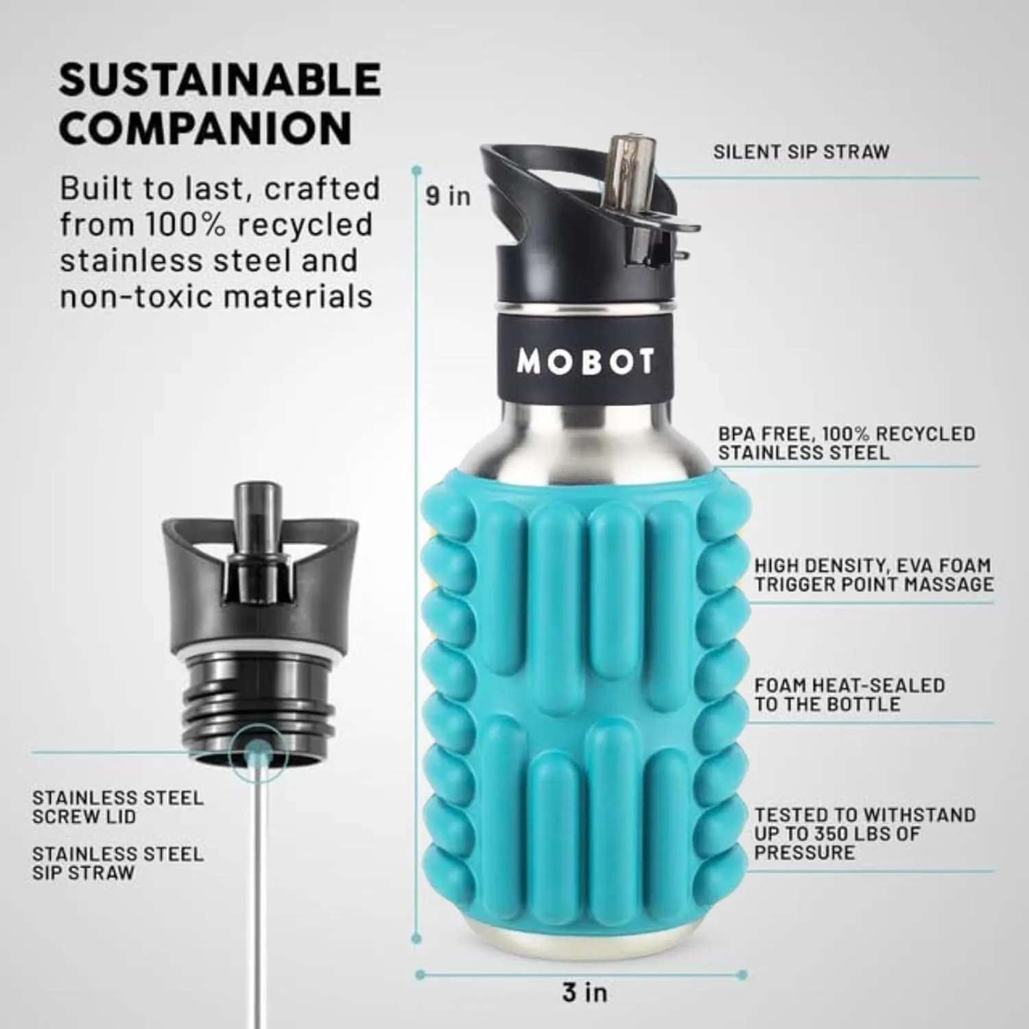 MOBOT Portable Travel Foam Roller Water Bottle with Sip Straw, Stainless Steel Screw Lid | Insulated Sports Water Bottle and Foam Rollers for Yoga, Workout, Home Gym, & Exercise, Beet (18 oz)