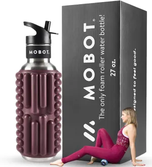 MOBOT Portable Travel Foam Roller Water Bottle with Sip Straw, Stainless Steel Screw Lid | Insulated Sports Water Bottle and Foam Rollers for Yoga, Workout, Home Gym, & Exercise, Beet (18 oz)