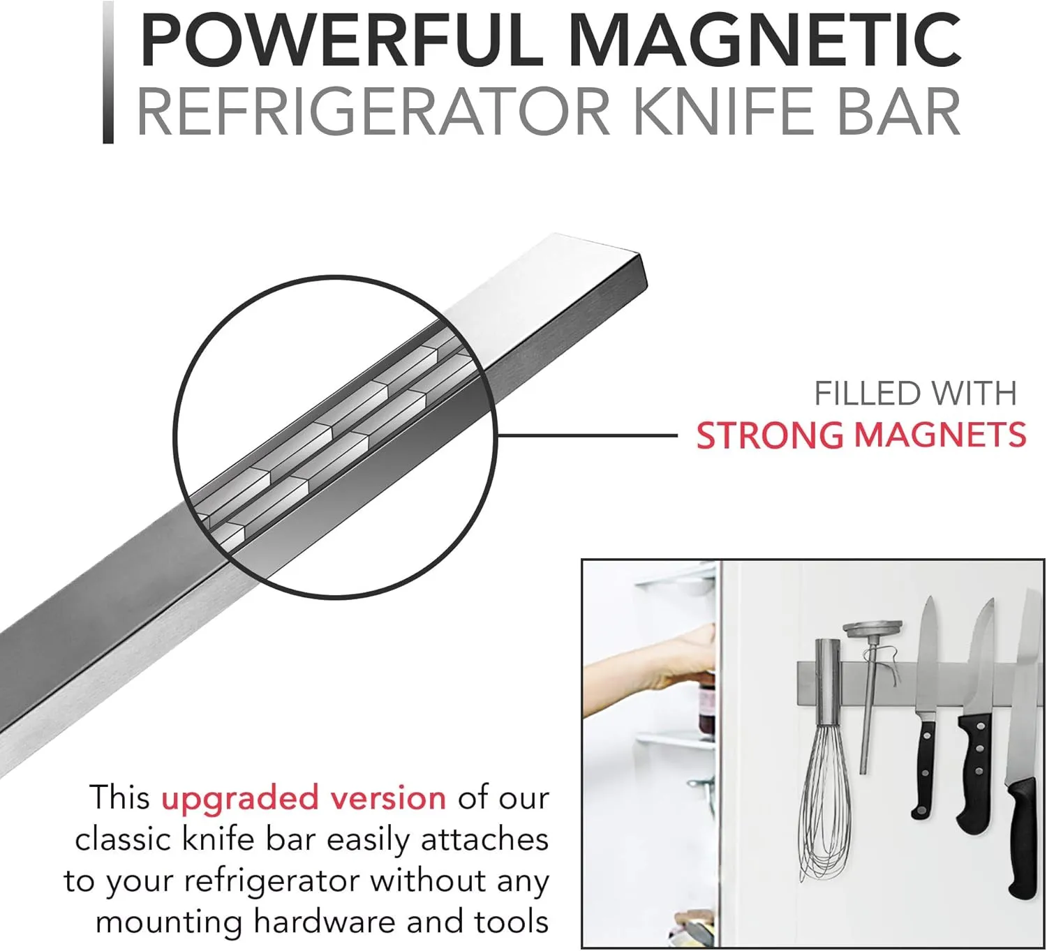 Modern Innovations 18 Inch Magnetic Knife Holder for Refrigerator, Magnetic Knife Holders for Fridge or Kitchen Wall No Drilling, Magnet Strips for Knives & Metal Utensils, Tool Rack, Stainless Steel