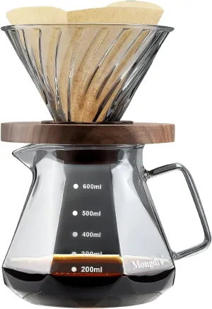 Mongdio Pour Over Coffee Maker, 20 oz High-Heat Borosilicate Glass Coffee Maker with 100pcs V60 Paper Filters, Walnut Handle & Glass Lid, Drip Coffee Maker Set for Home Café Restaurant - 600ml, Gray