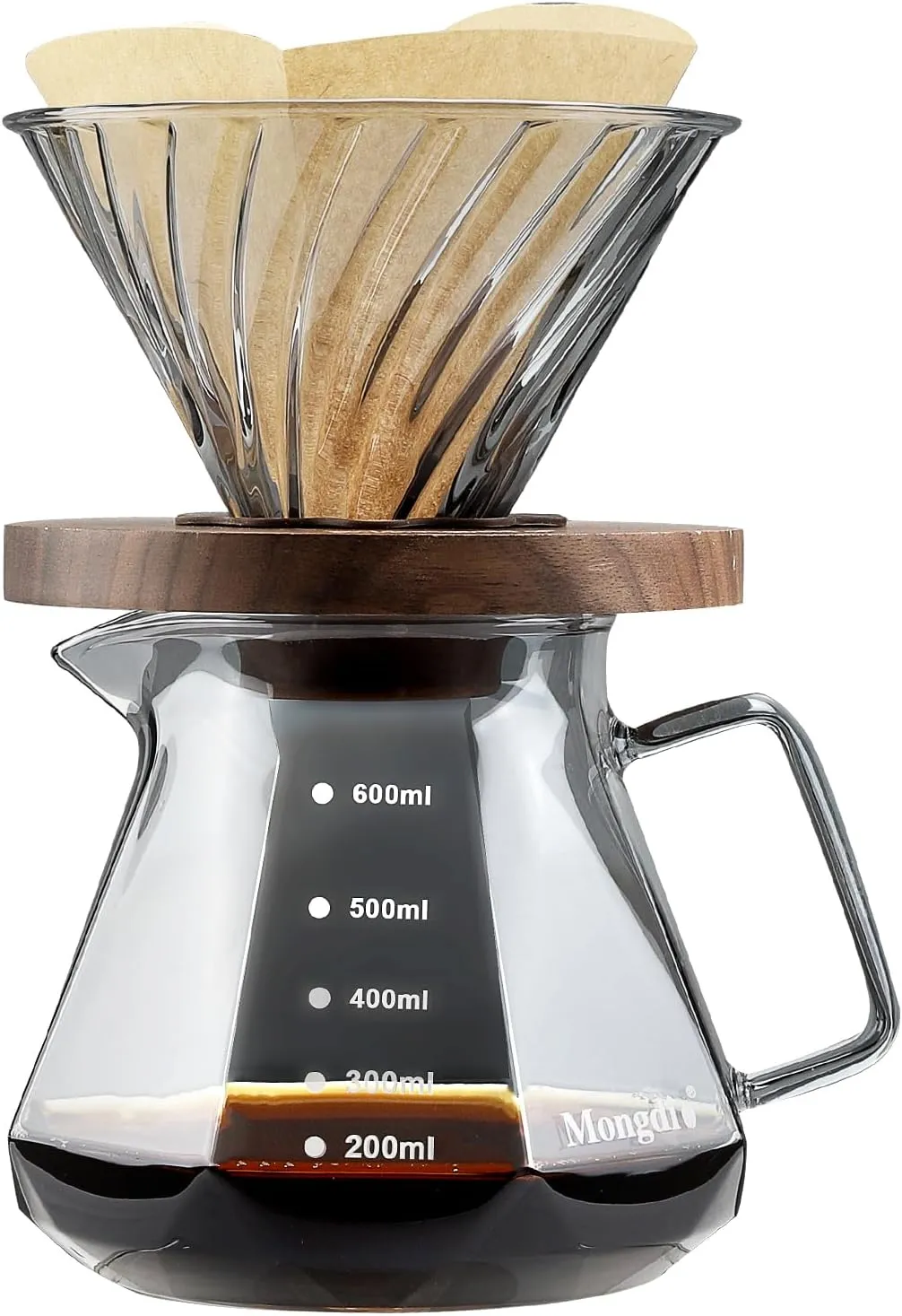 Mongdio Pour Over Coffee Maker, 20 oz High-Heat Borosilicate Glass Coffee Maker with 100pcs V60 Paper Filters, Walnut Handle & Glass Lid, Drip Coffee Maker Set for Home Café Restaurant - 600ml, Gray
