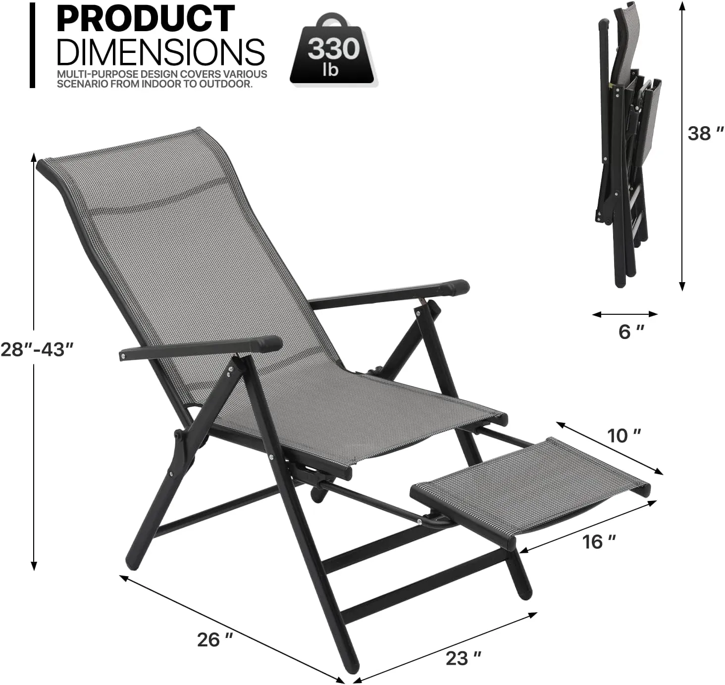 MoNiBloom 3 in 1 Lounge Chair Set of 2 Patio Folding Lawn Lounge Chairs Outdoor Lounge High Back Chair Camp Reclining Lounge Chair with Retractable Footrest for Poolside Backyard, 300lbs Capacity