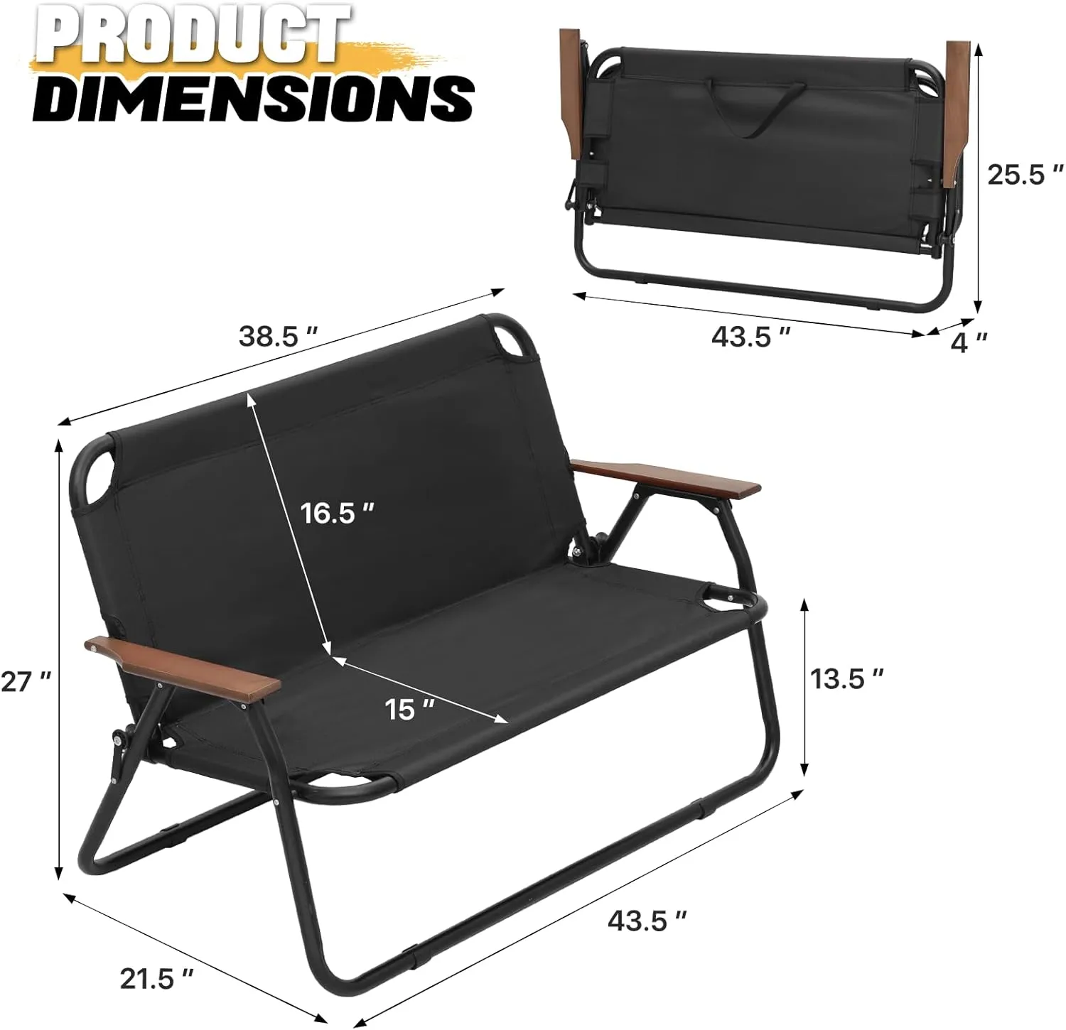 MoNiBloom Folding Double Seat Camping Chair Outdoor Beach Lawn Picnic Hiking Travel Portable Foldable Collapsible 2-Person Camp Loveseat Chair for Adults (Black)