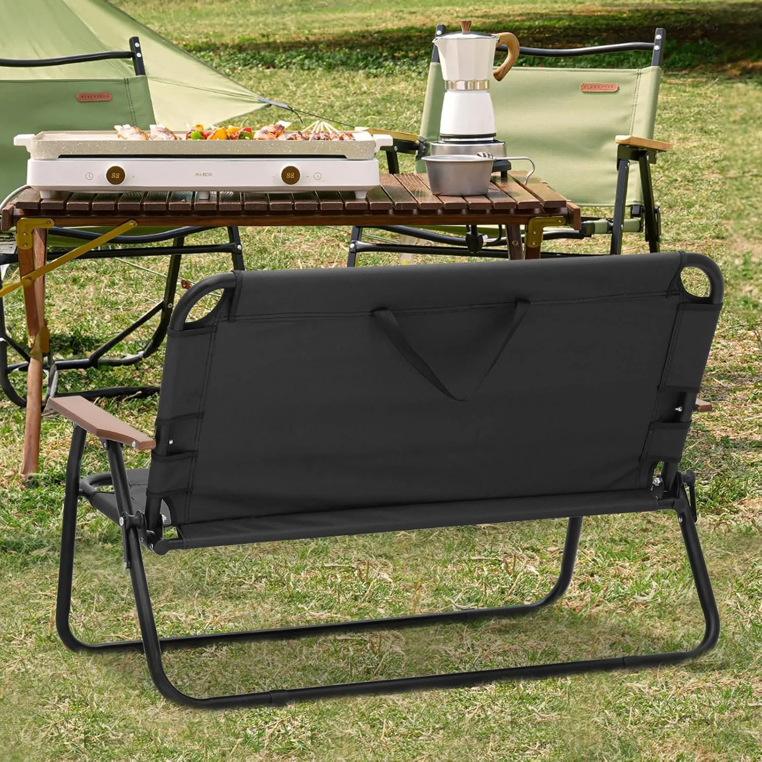 MoNiBloom Folding Double Seat Camping Chair Outdoor Beach Lawn Picnic Hiking Travel Portable Foldable Collapsible 2-Person Camp Loveseat Chair for Adults (Black)