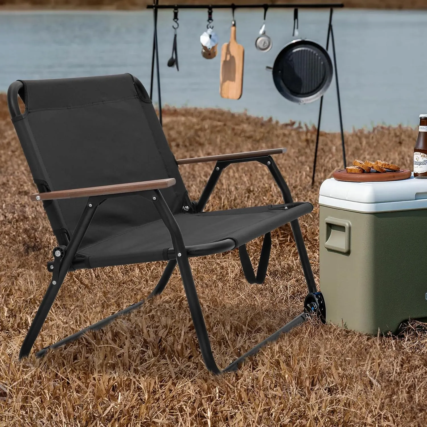 MoNiBloom Folding Double Seat Camping Chair Outdoor Beach Lawn Picnic Hiking Travel Portable Foldable Collapsible 2-Person Camp Loveseat Chair for Adults (Black)