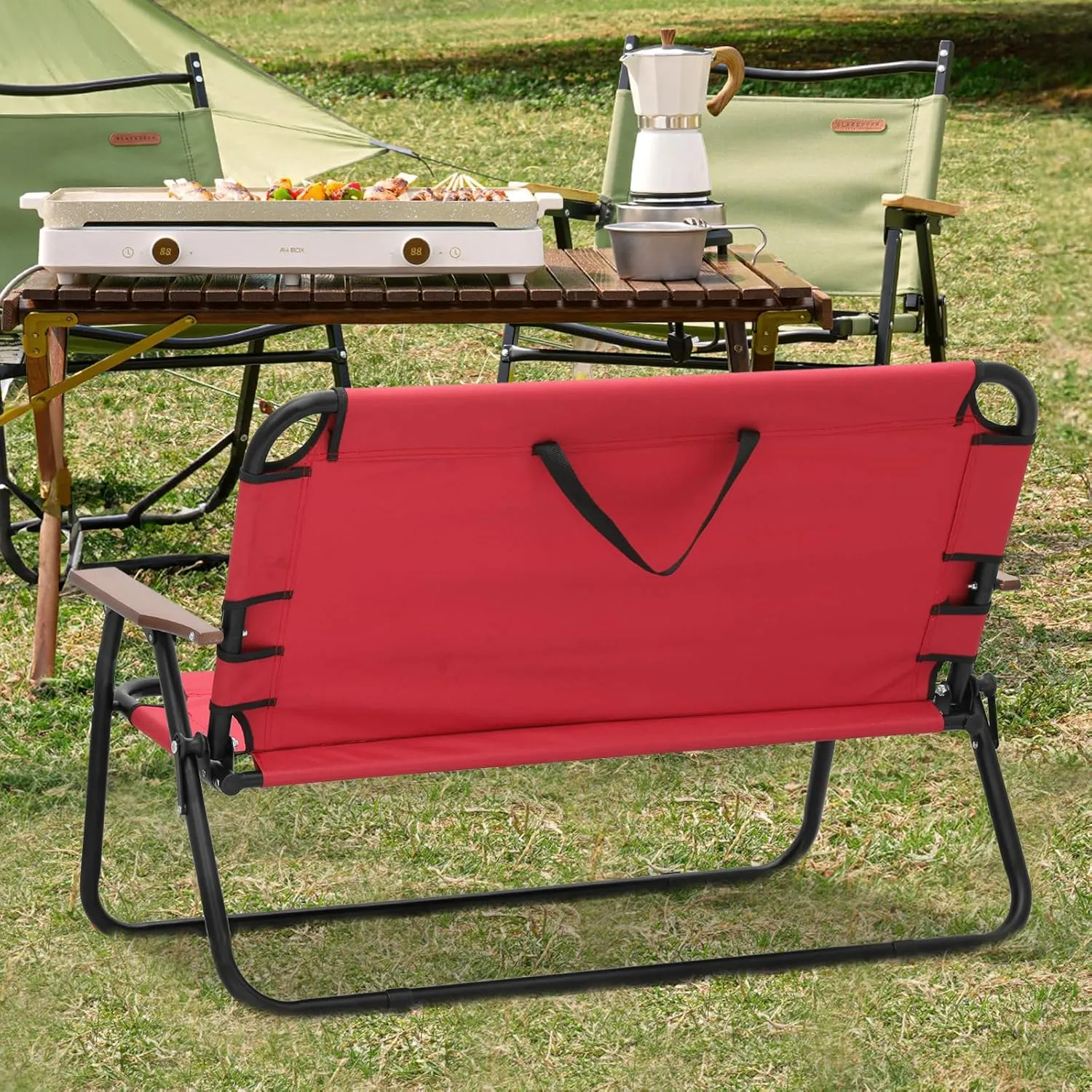 MoNiBloom Folding Double Seat Camping Chair Outdoor Beach Lawn Picnic Hiking Travel Portable Foldable Collapsible 2-Person Camp Loveseat Chair for Adults (Red)