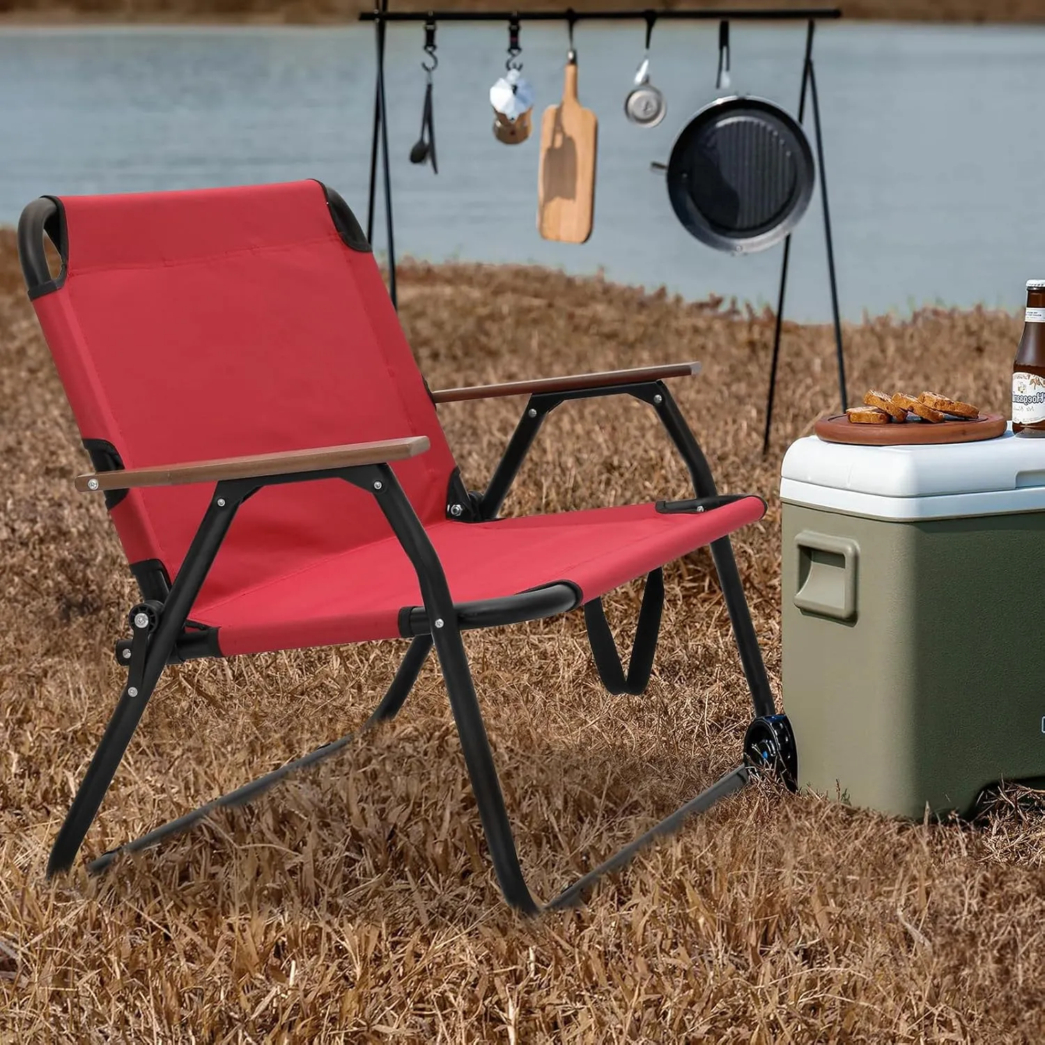MoNiBloom Folding Double Seat Camping Chair Outdoor Beach Lawn Picnic Hiking Travel Portable Foldable Collapsible 2-Person Camp Loveseat Chair for Adults (Red)