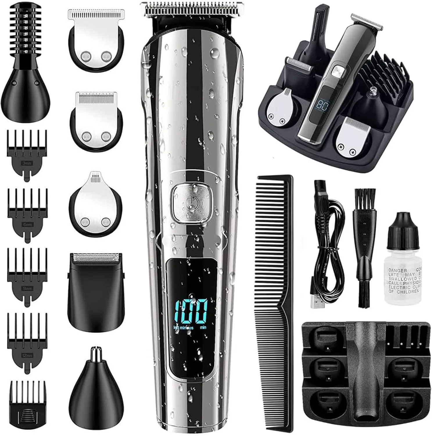 Monovon Hair Clipper for Men, 6‑in‑1 Cordless Trimmer with IPX6 Waterproof Wet/Dry Shaving, LED Display, USB‑C Quick Charge & Anti‑Pinch Safety System (Silver)