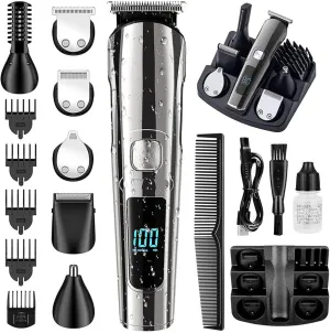 Monovon Hair Clipper for Men, 6‑in‑1 Cordless Trimmer with IPX6 Waterproof Wet/Dry Shaving, LED Display, USB‑C Quick Charge & Anti‑Pinch Safety System (Silver)