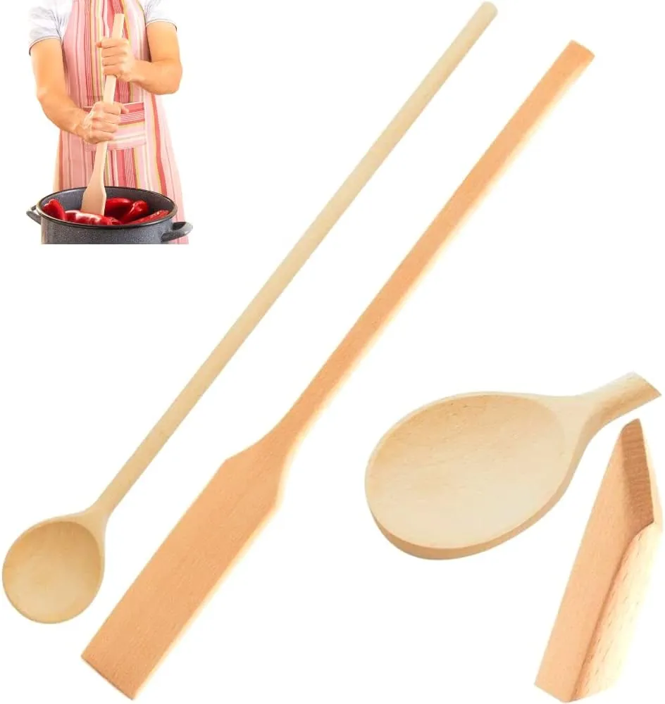 Mr.Woodware Wooden Kitchen Utensils- 24 Inch Long Handle Beech Wood Wok Spatula and Cooking Spoon - 2 in 1 Wooden Cooking Utensils Set for Mixing in Big Stock Pots Cauldron (Spoon & Spatula)