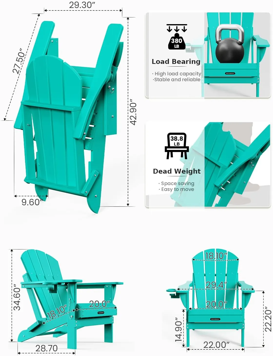MUCHENGHY Folding Adirondack Chairs, Patio Chairs, Lawn Chairs, Outdoor Chair, Adirondack Chair Plastic, Fire Pit Chairs, Weather Resistant with Cup Holder for Deck, Backyard, Garden(Lake Blue)