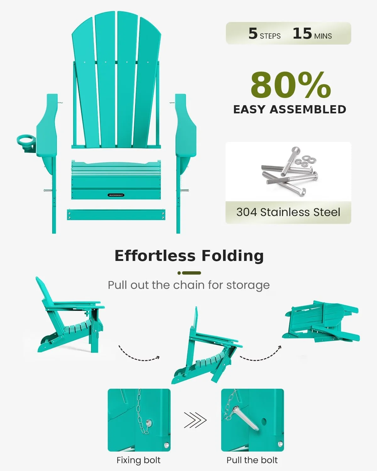 MUCHENGHY Folding Adirondack Chairs, Patio Chairs, Lawn Chairs, Outdoor Chair, Adirondack Chair Plastic, Fire Pit Chairs, Weather Resistant with Cup Holder for Deck, Backyard, Garden(Lake Blue)