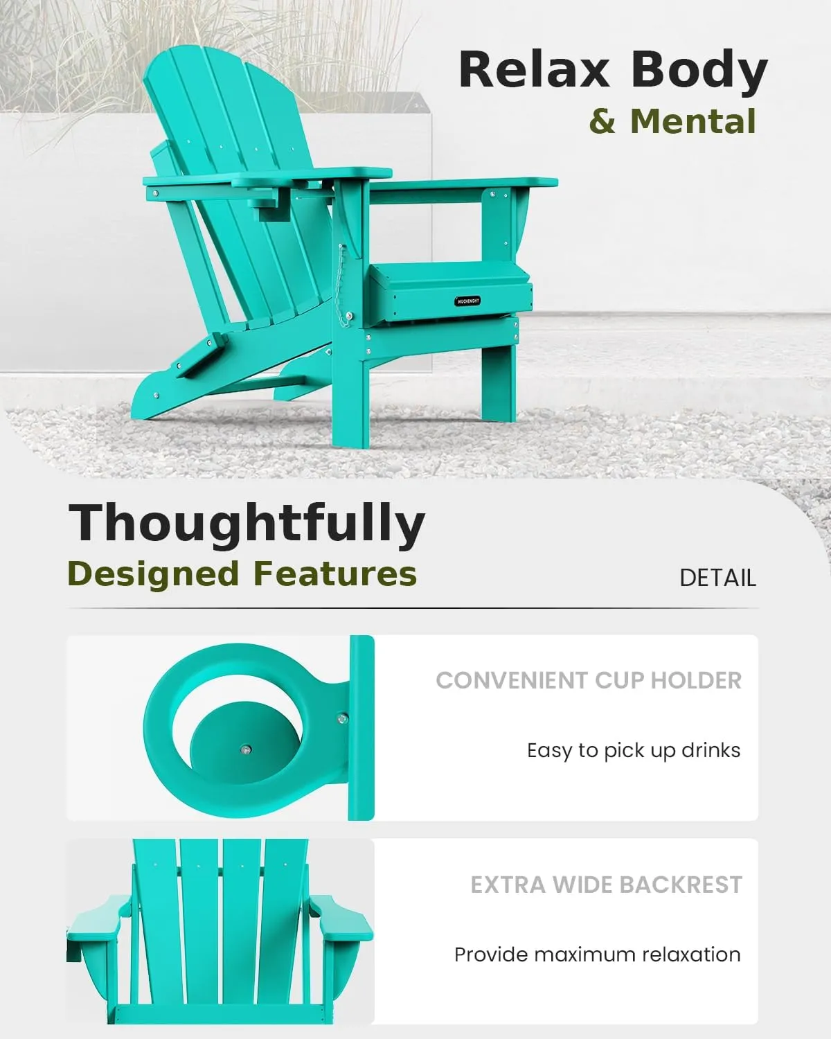 MUCHENGHY Folding Adirondack Chairs, Patio Chairs, Lawn Chairs, Outdoor Chair, Adirondack Chair Plastic, Fire Pit Chairs, Weather Resistant with Cup Holder for Deck, Backyard, Garden(Lake Blue)