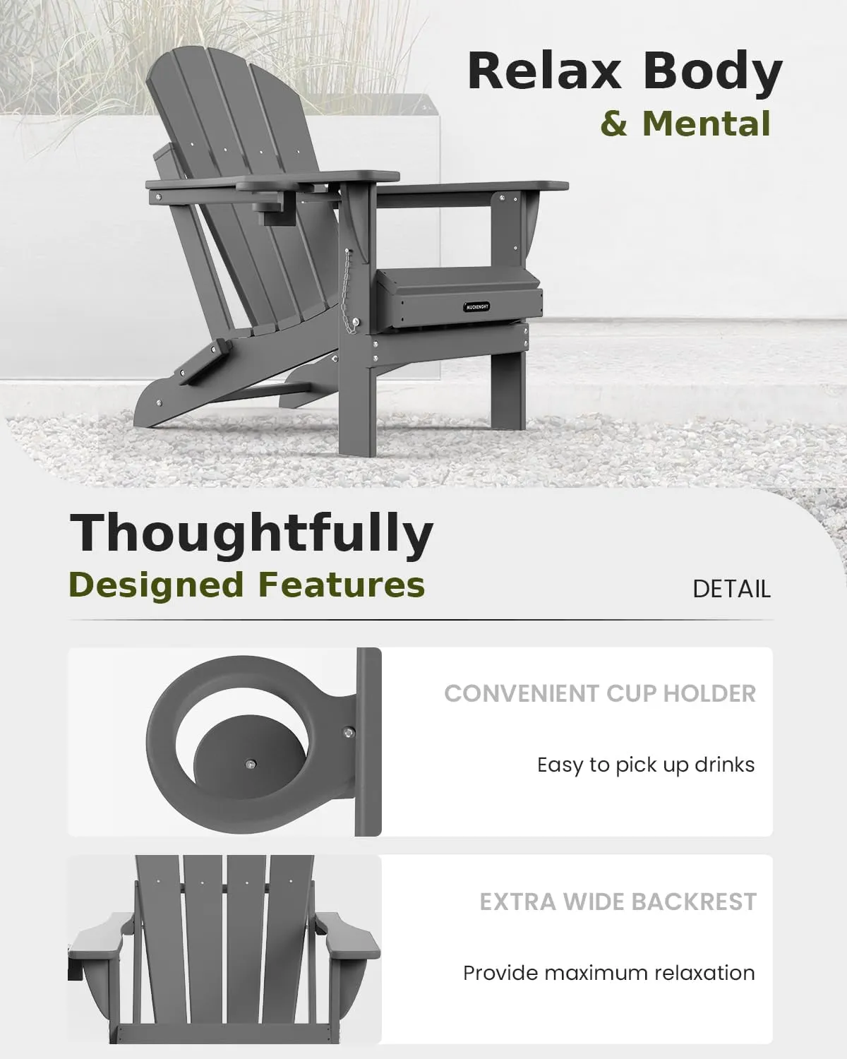 MUCHENGHY Folding Adirondack Chairs, Patio Chairs, Lawn Chairs, Outdoor Chair, Adirondack Chair Plastic, Fire Pit, Weather Resistant with Cup Holder for Deck, Backyard, Garden(Gray)