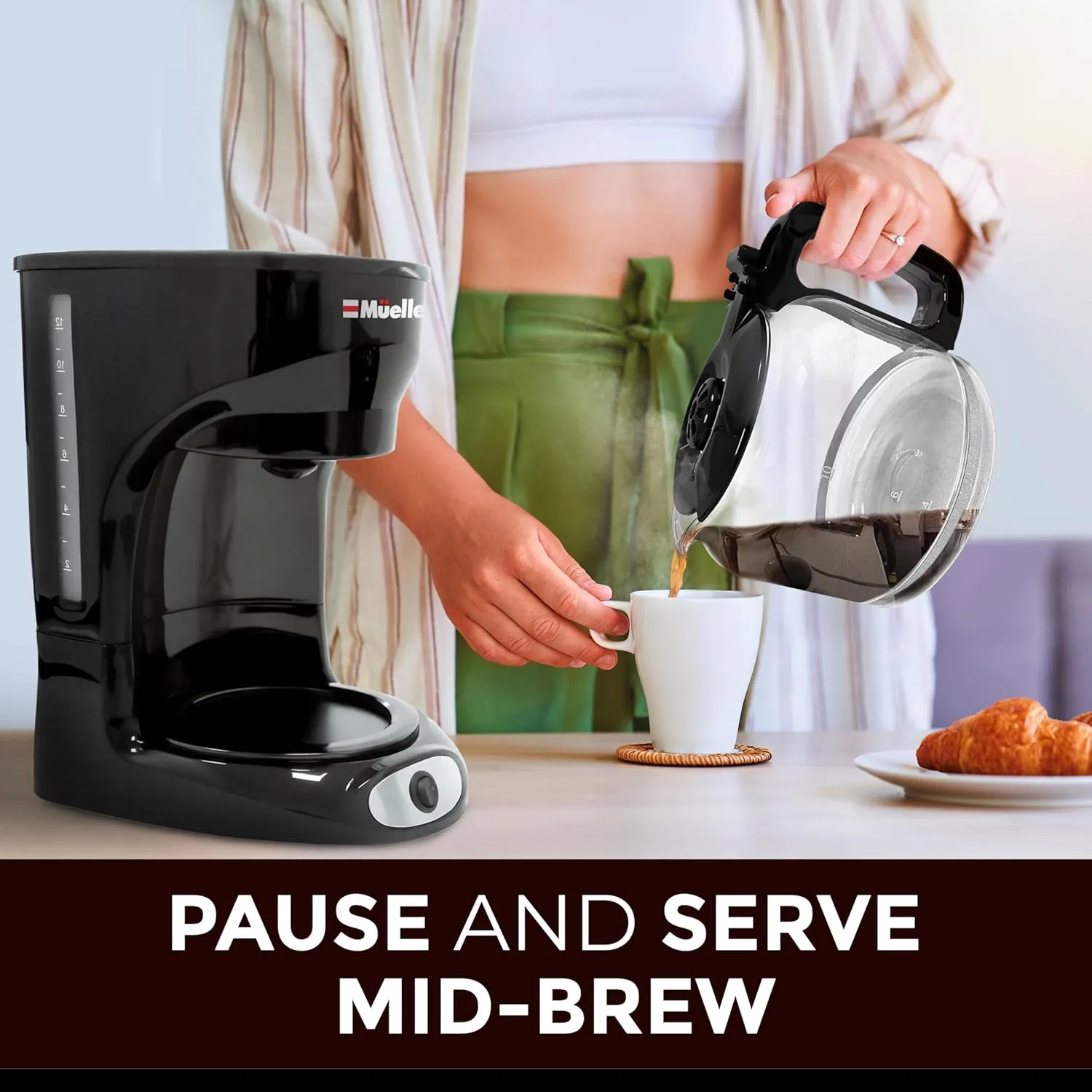 Mueller 12-Cup Drip Coffee Maker - Borosilicate Carafe, Auto-Off, Reusable Filter, Anti-Drip, Keep-Warm Function, Clear Water Level Window Coffee Machine, Kitchen Essentials & Accessories
