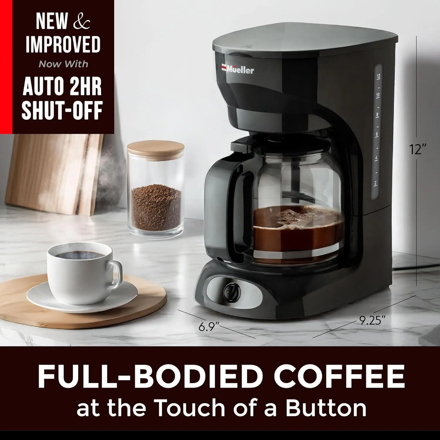 Mueller 12-Cup Drip Coffee Maker - Borosilicate Carafe, Auto-Off, Reusable Filter, Anti-Drip, Keep-Warm Function, Clear Water Level Window Coffee Machine, Kitchen Essentials & Accessories