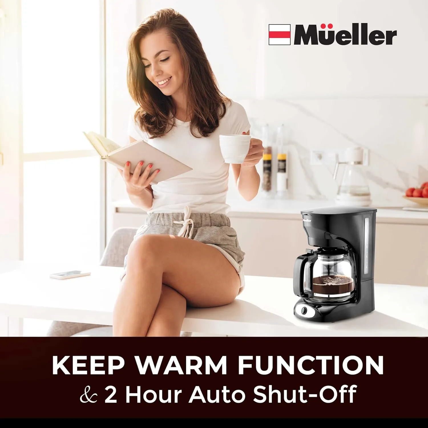 Mueller 12-Cup Drip Coffee Maker - Borosilicate Carafe, Auto-Off, Reusable Filter, Anti-Drip, Keep-Warm Function, Clear Water Level Window Coffee Machine, Kitchen Essentials & Accessories