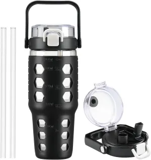 MUKOKO 32 oz Glass Tumbler with Straw,Glass Water Bottles with Time Marker,Iced Coffee Cup with Silicone Sleeve,Motivational Drinking Bottles,Leakproof-Black