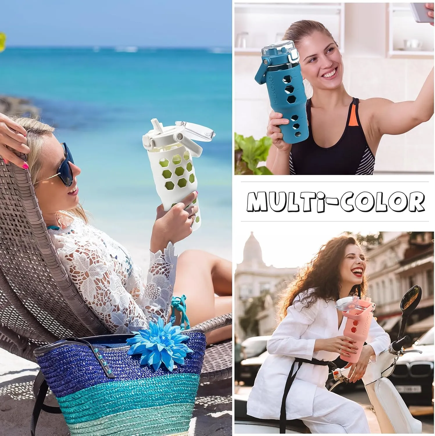 MUKOKO 32 oz Glass Tumbler with Straw,Glass Water Bottles with Time Marker,Iced Coffee Cup with Silicone Sleeve,Motivational Drinking Bottles,Leakproof-Coral Pink