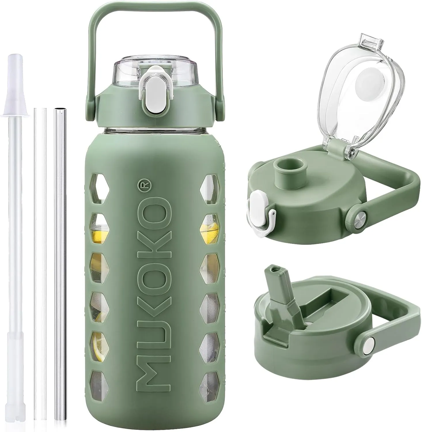 MUKOKO Glass Water Bottles 64oz with 2 Lids, Half Gallon Drinking Bottle with Straws and Measurements, 2L Sports Water Jug with Silicone Sleeve, Leakproof, Olive