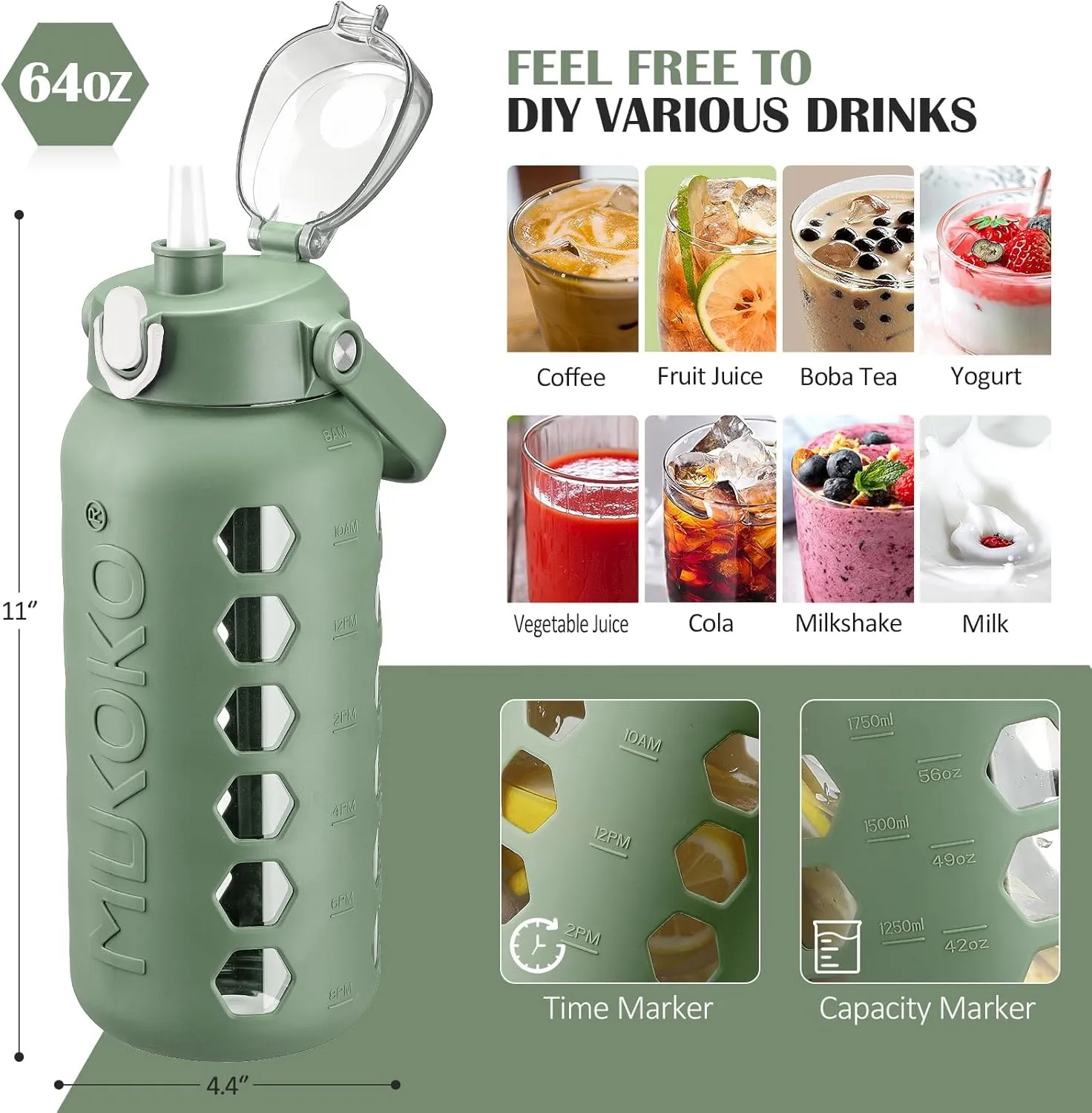 MUKOKO Glass Water Bottles 64oz with 2 Lids, Half Gallon Drinking Bottle with Straws and Measurements, 2L Sports Water Jug with Silicone Sleeve, Leakproof, Olive