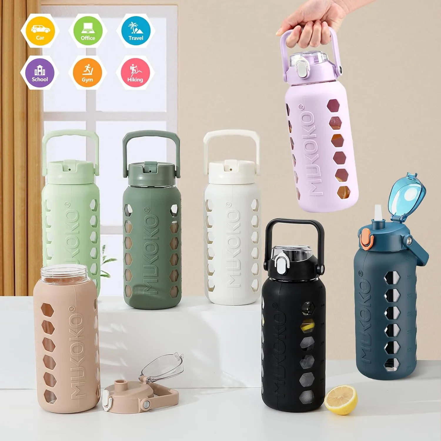 MUKOKO Glass Water Bottles 64oz with 2 Lids, Half Gallon Drinking Bottle with Straws and Measurements, 2L Sports Water Jug with Silicone Sleeve, Leakproof, Olive