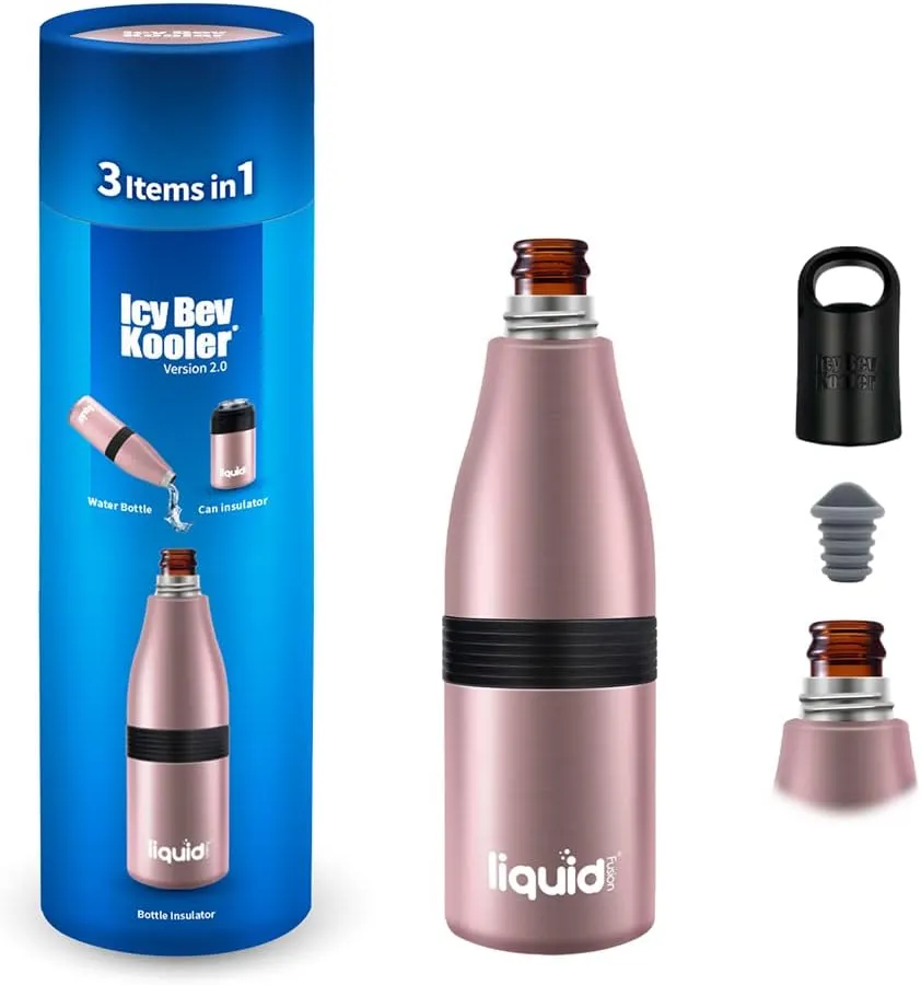 Multi-Function Beer Bottle Insulator. Stainles Steel Bottle Cooler for 12 oz Glass Bottles, Regular Cans or Skinny Cans. Coffee Tumbler, Water bottle or Can Sleeve. (Rose Gold, 3 in 1)