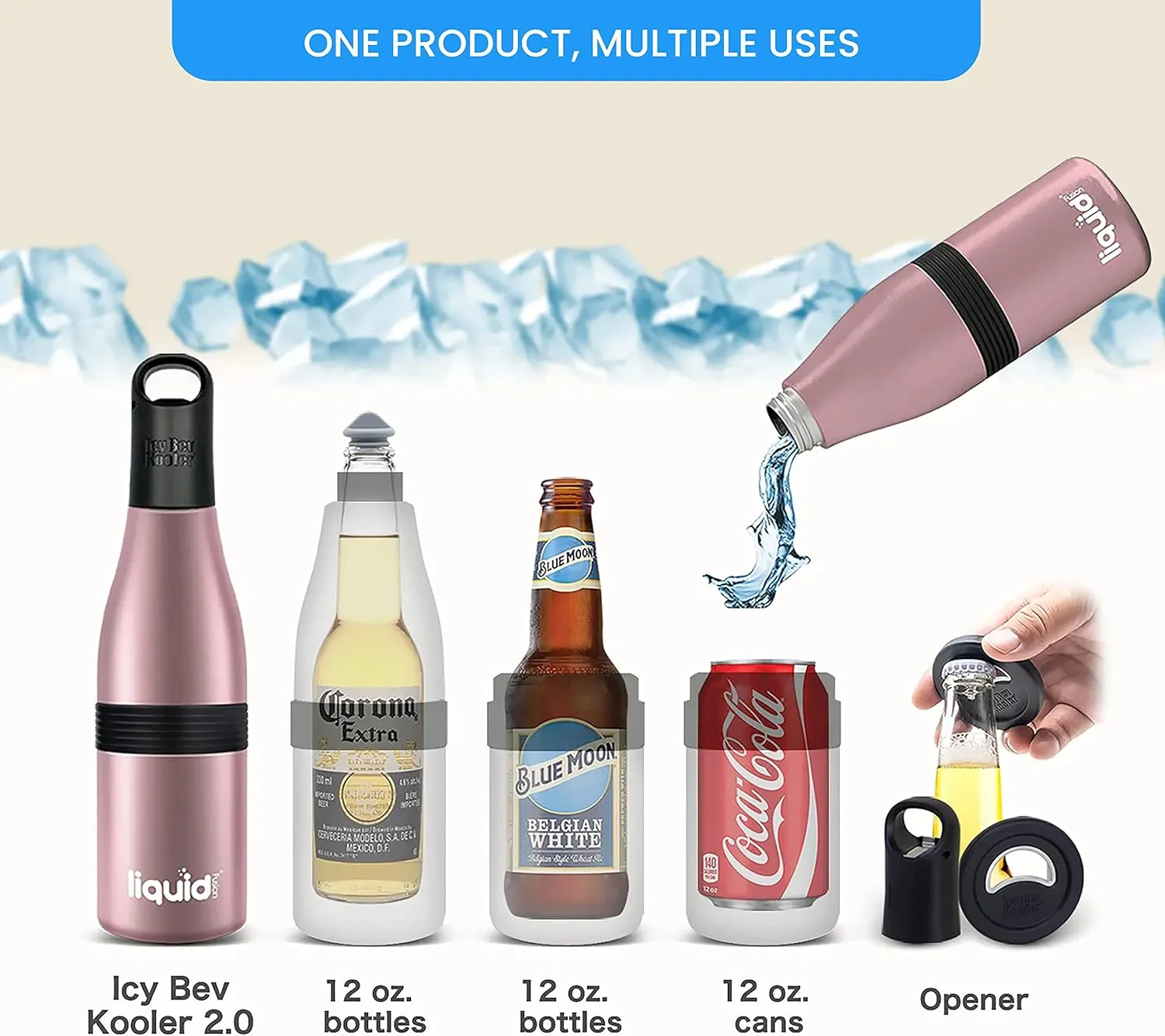 Multi-Function Beer Bottle Insulator. Stainles Steel Bottle Cooler for 12 oz Glass Bottles, Regular Cans or Skinny Cans. Coffee Tumbler, Water bottle or Can Sleeve. (Rose Gold, 3 in 1)