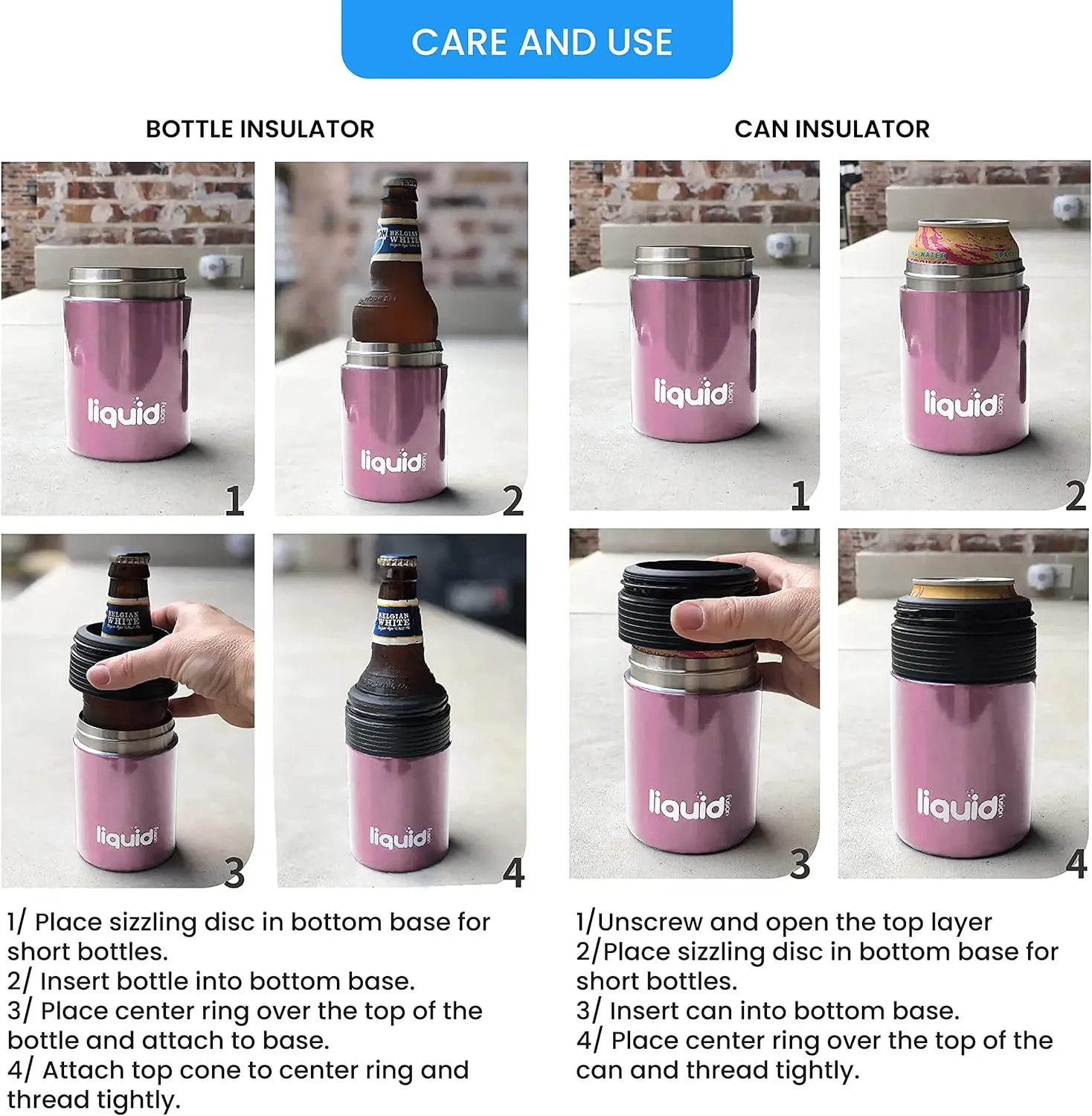 Multi-Function Beer Bottle Insulator. Stainles Steel Bottle Cooler for 12 oz Glass Bottles, Regular Cans or Skinny Cans. Coffee Tumbler, Water bottle or Can Sleeve. (Rose Gold, 3 in 1)