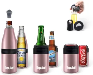 Multi-Function Beer Bottle Insulator. Stainles Steel Bottle Cooler for 12 oz Glass Bottles, Regular Cans or Skinny Cans. Coffee Tumbler, Water bottle or Can Sleeve. (Rose Gold, 3 in 1)