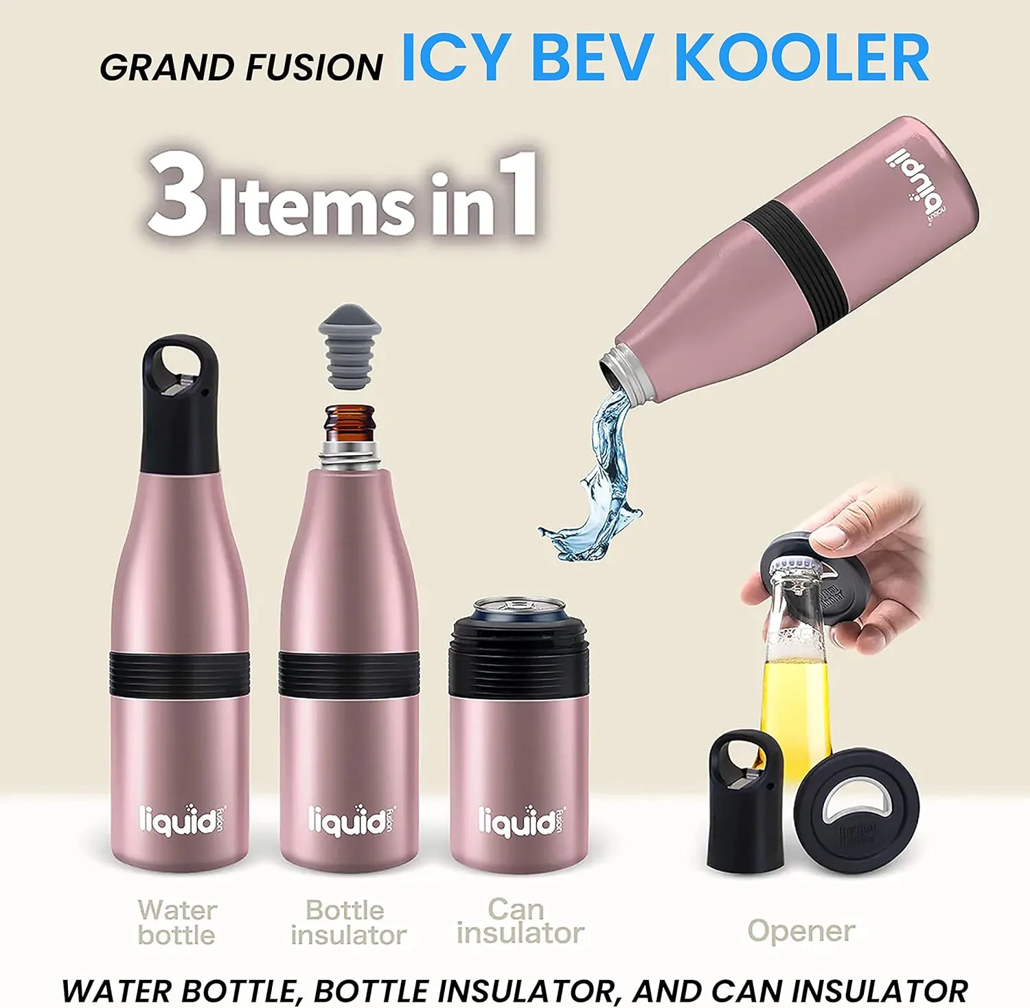 Multi-Function Beer Bottle Insulator. Stainles Steel Bottle Cooler for 12 oz Glass Bottles, Regular Cans or Skinny Cans. Coffee Tumbler, Water bottle or Can Sleeve. (Rose Gold, 3 in 1)