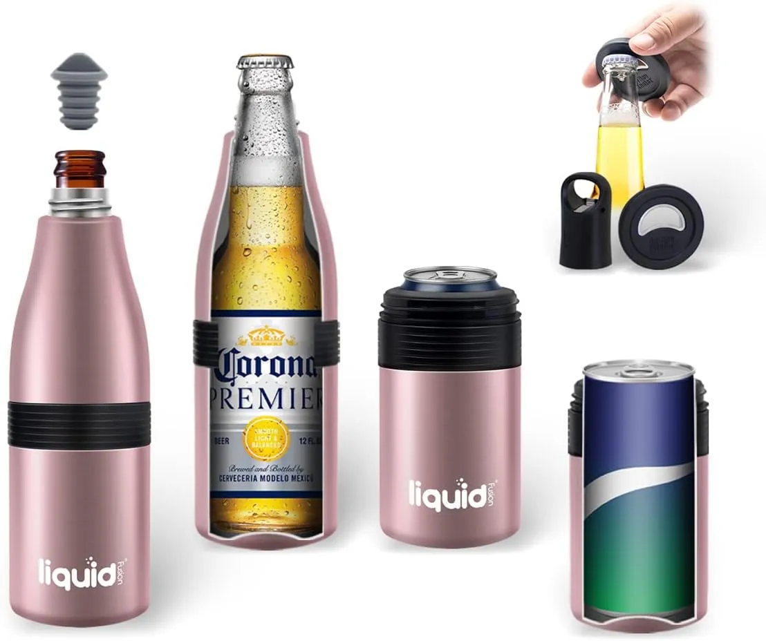 Multi-Function Beer Bottle Insulator. Stainles Steel Bottle Cooler for 12 oz Glass Bottles, Regular Cans or Skinny Cans. Coffee Tumbler, Water bottle or Can Sleeve. (Rose Gold, 3 in 1)