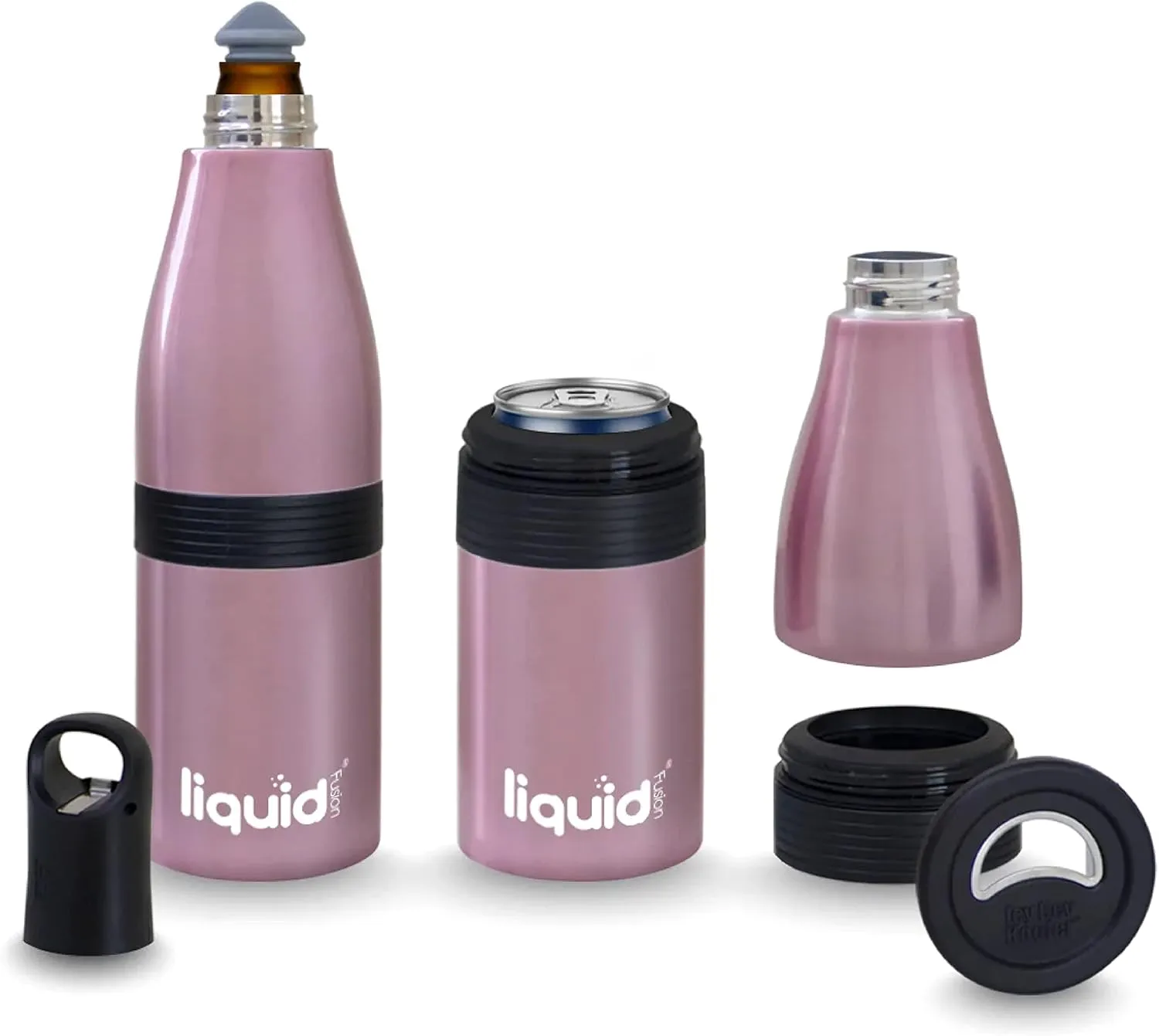 Multi-Function Beer Bottle Insulator. Stainles Steel Bottle Cooler for 12 oz Glass Bottles, Regular Cans or Skinny Cans. Coffee Tumbler, Water bottle or Can Sleeve. (Rose Gold, 3 in 1)